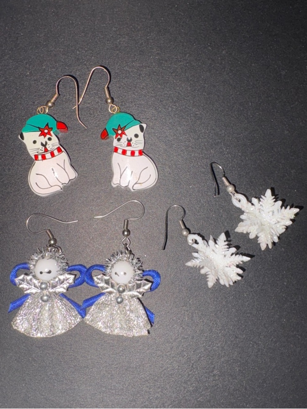 Vintage Earrings Cat, Snowflake & Angel Holiday set